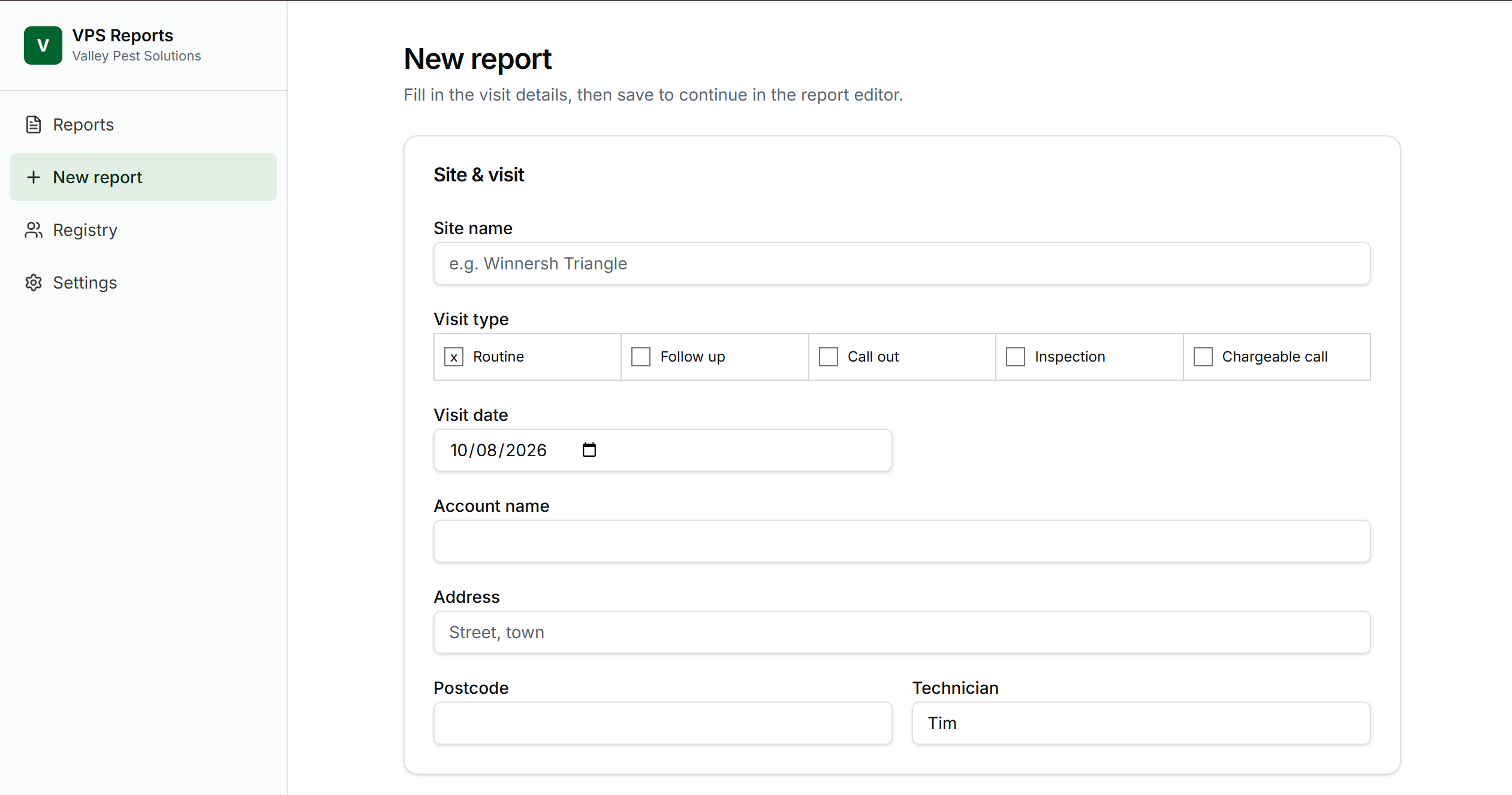 VPS Reports new report form for capturing site and visit details