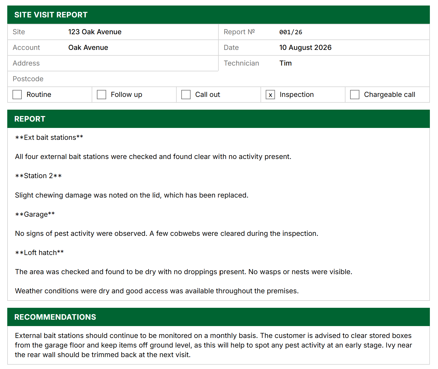 VPS site visit report after AI rewriting and technician review